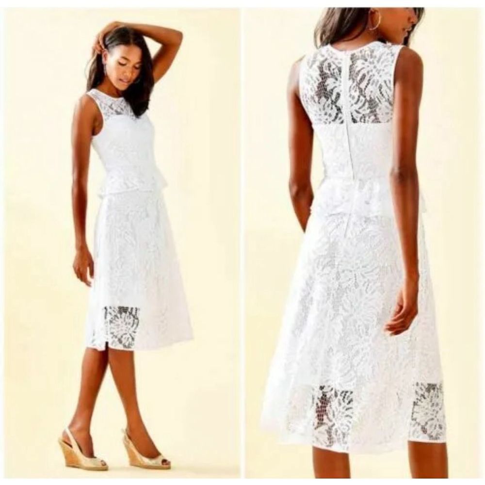 Lilly Pulitzer Dress Nolea Lace Women Size 10 White Peplum Paradise Found New